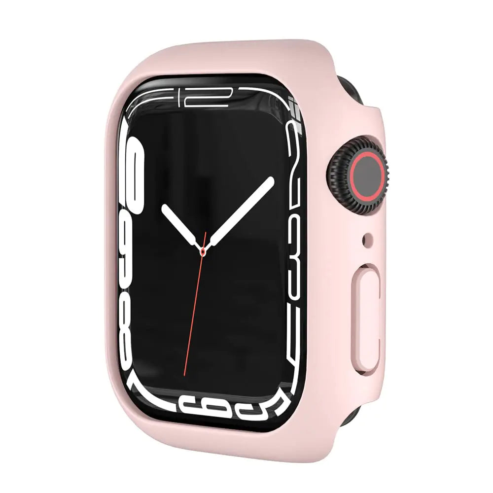 A pink, hard PC protective cover for an Apple Watch, displaying the side button and digital crown access points.