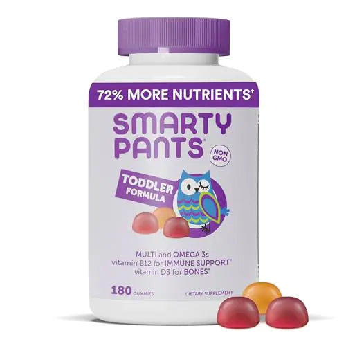Bottle of SmartyPants Toddler Formula multivitamin gummies with omega-3 and immune support, showing the product name and some gummies in different flavors.