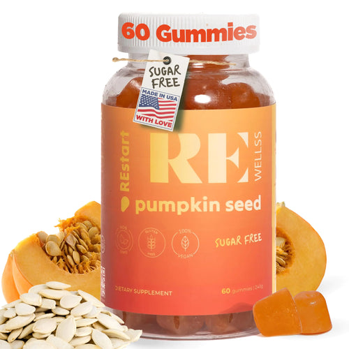 A bottle of REWELLSS pumpkin seed oil gummies with 60 gummies inside. The label on the bottle indicates that the product is sugar-free, vegan, gluten-free, and non-GMO.