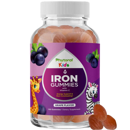 A bottle of Phytoral Kids Iron Gummies in grape flavor, featuring images of the gummy vitamins and fruits on the label, with a giraffe and zebra illustrations. The product is marketed as a dietary supplement for children.