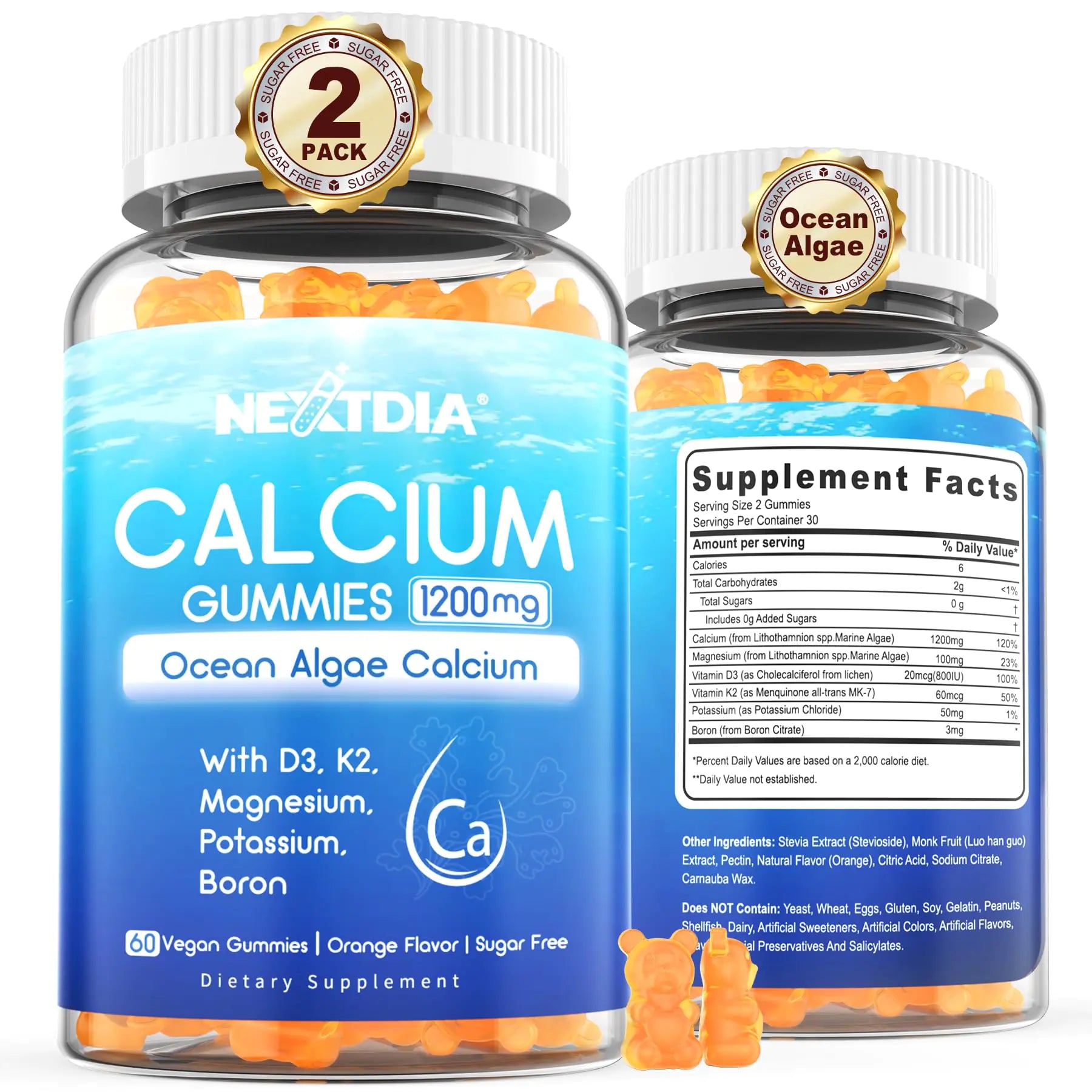Two bottles of Neatdia Calcium Gummies with blue labels and orange gummy bears on a white background.