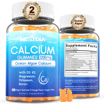Two bottles of Neatdia Calcium Gummies with blue labels and orange gummy bears on a white background.