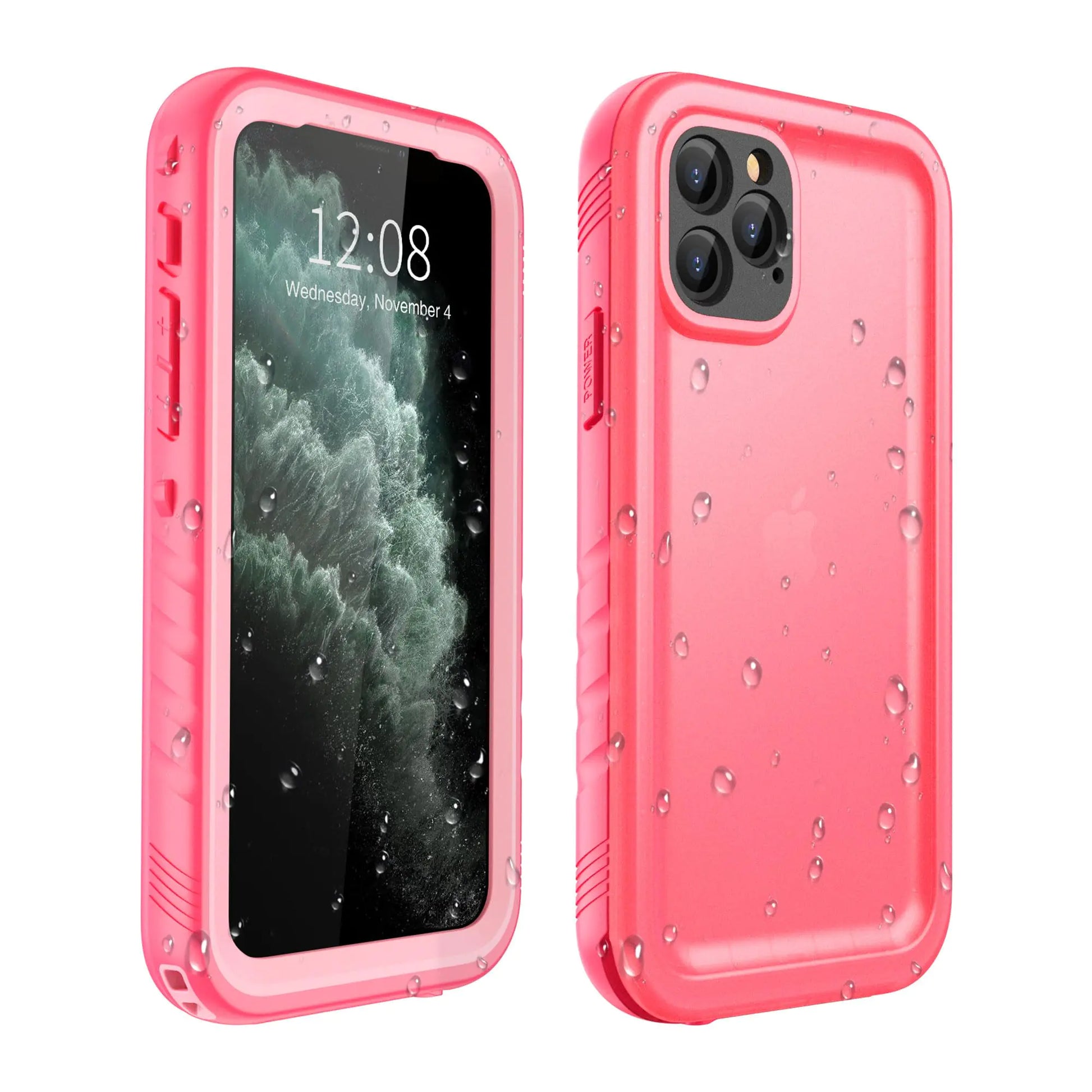 A pink waterproof case for iPhone 11 Pro with water droplets on it, showcasing its rugged design and screen protector.