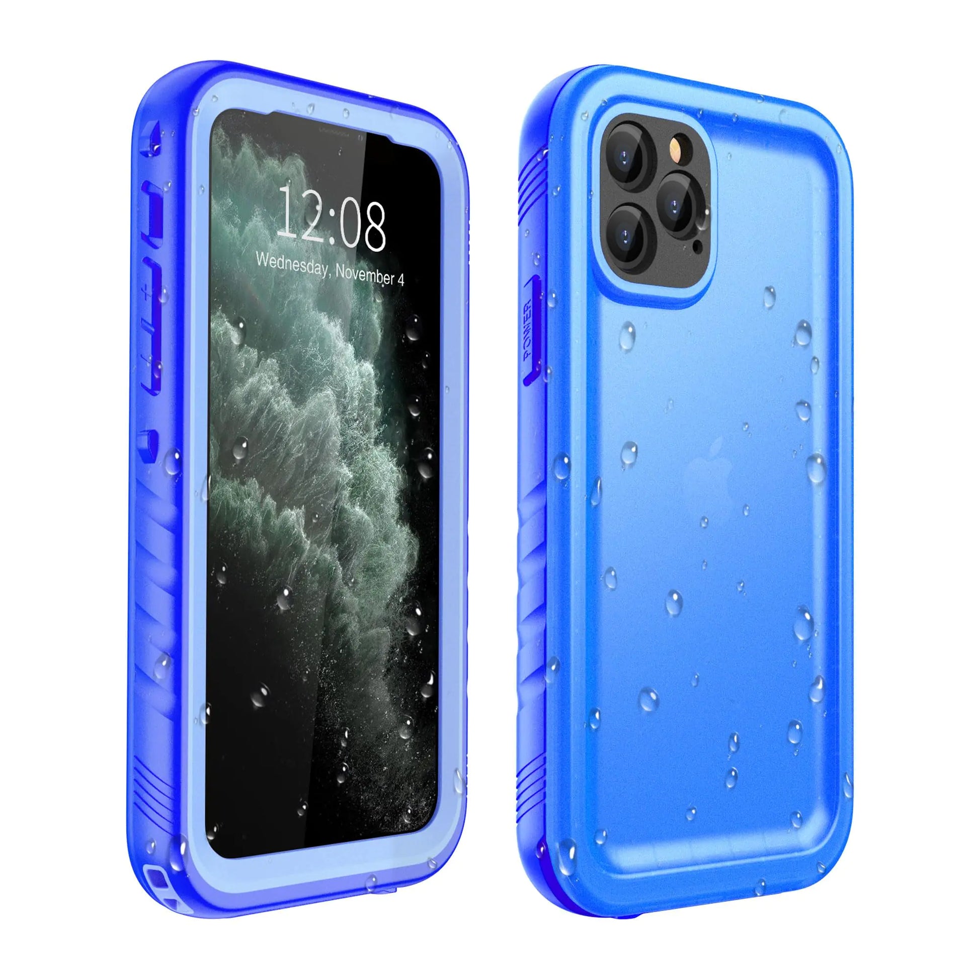 A pink waterproof case for iPhone 11 Pro with water droplets on it, showcasing its rugged design and screen protector.