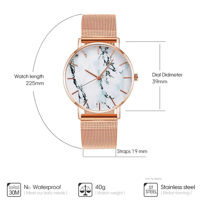 Luxury Rose Gold Mesh Band Marble Women's Wrist Watch WEM Support (www.WEM.support)