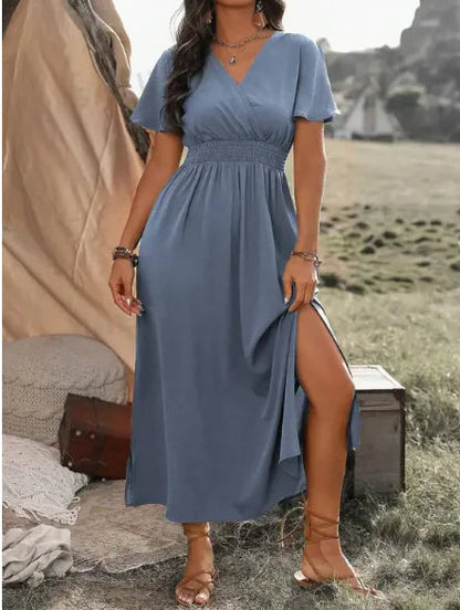 Solid Color And V-neck Bell Sleeve Elastic And Waisted Slimming Slit Long Dress WEM Support (www.WEM.support)