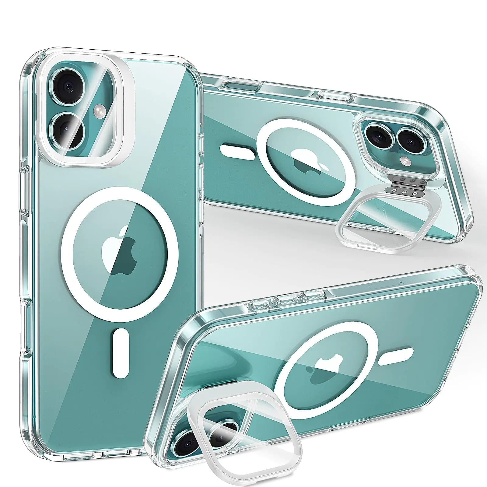 Blue silicone back cover case for iPhone 16 Pro with a camera invisible stand and MagSafe compatibility, displayed in multiple angles.