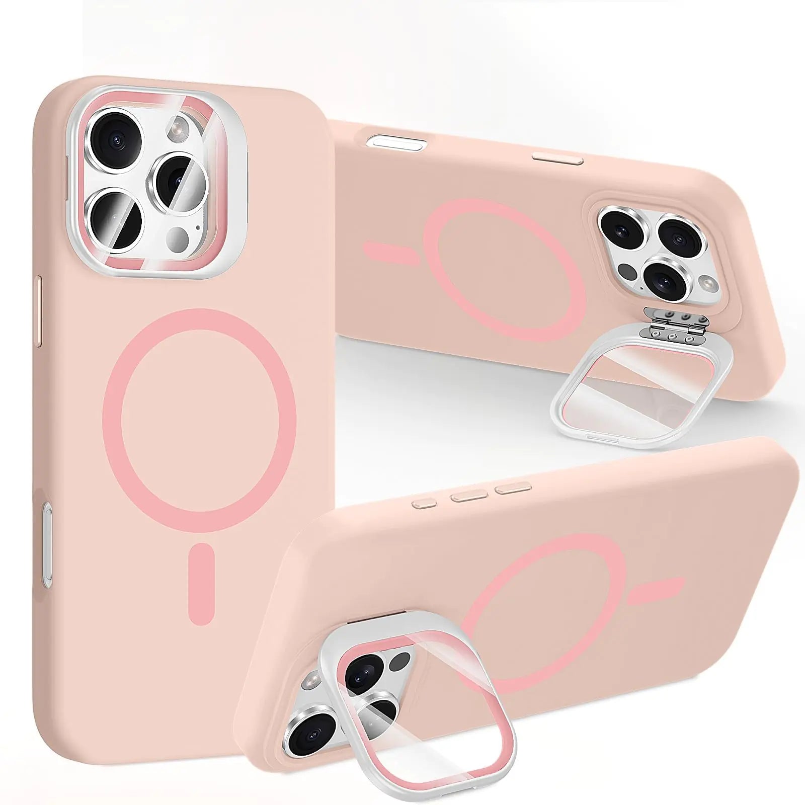 Blue silicone back cover case for iPhone 16 Pro with a camera invisible stand and MagSafe compatibility, displayed in multiple angles.