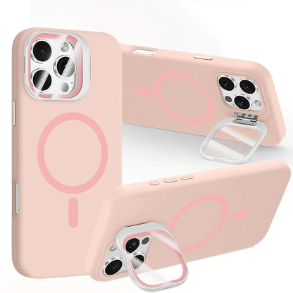 Blue silicone back cover case for iPhone 16 Pro with a camera invisible stand and MagSafe compatibility, displayed in multiple angles.