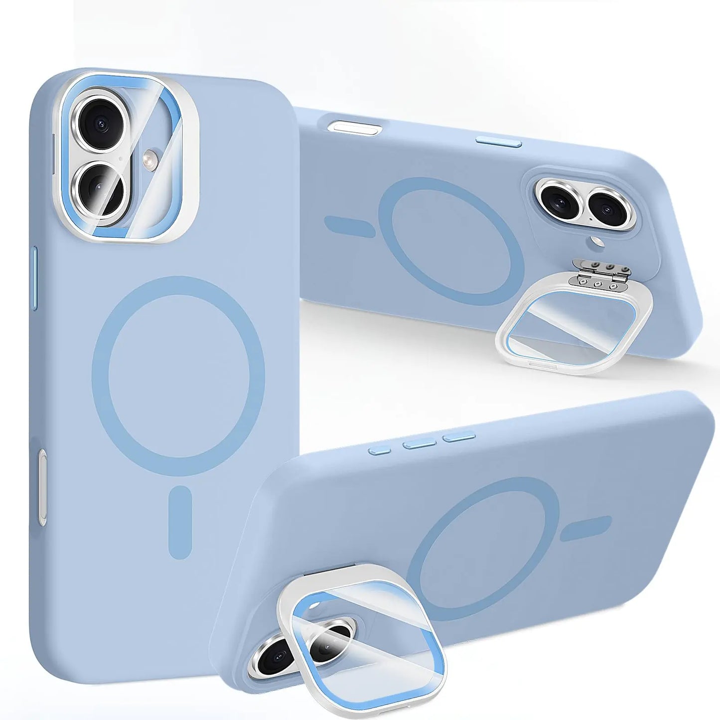 Blue silicone back cover case for iPhone 16 Pro with a camera invisible stand and MagSafe compatibility, displayed in multiple angles.