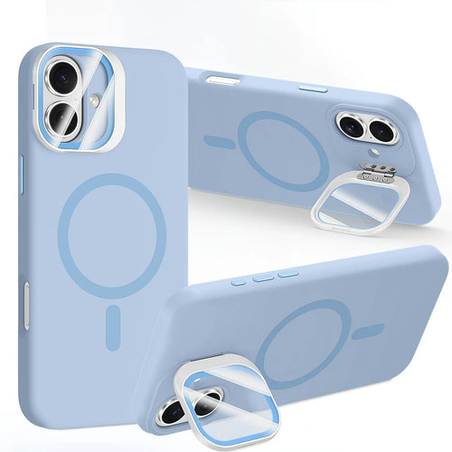 Blue silicone back cover case for iPhone 16 Pro with a camera invisible stand and MagSafe compatibility, displayed in multiple angles.