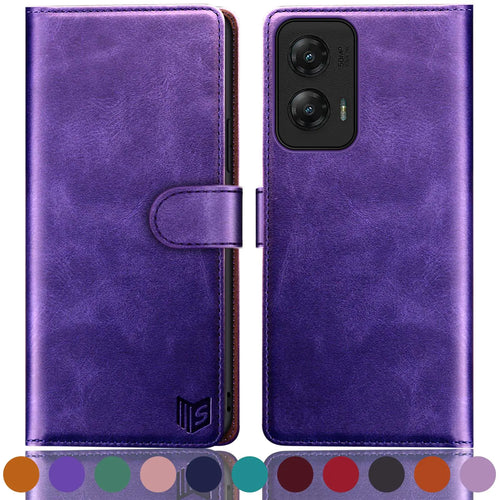 A purple wallet case with RFID blocking credit card holder for Moto G Stylus 5G 2024, displayed from front and back, with a color palette at the bottom.