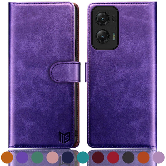 A purple wallet case with RFID blocking credit card holder for Moto G Stylus 5G 2024, displayed from front and back, with a color palette at the bottom.