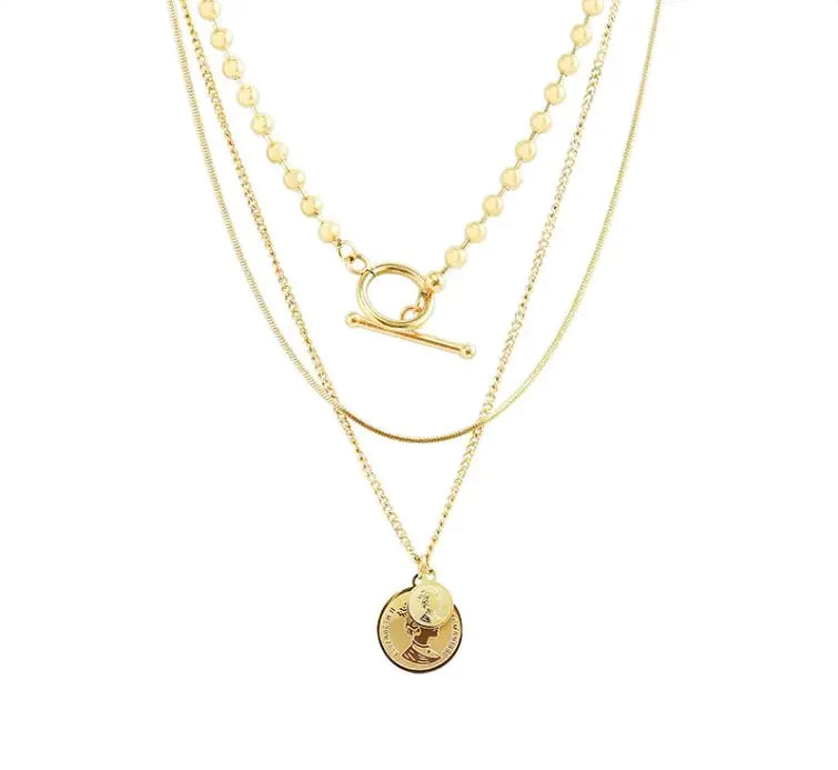 Vintage Double Round Card Queen Portrait OT Style Multilayer Necklace WEM Support (www.WEM.support)