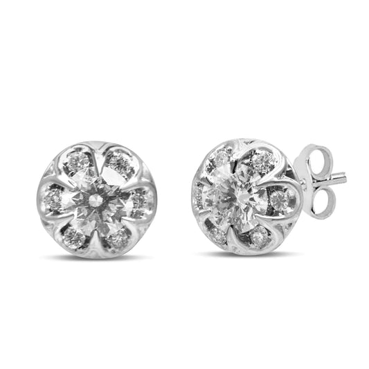 14K White Gold 3/4 Cttw Round Cut Diamond Halo Cluster Stud Earrings (I-J Color, I1-I2 Clarity) WEM Support (www.WEM.support)