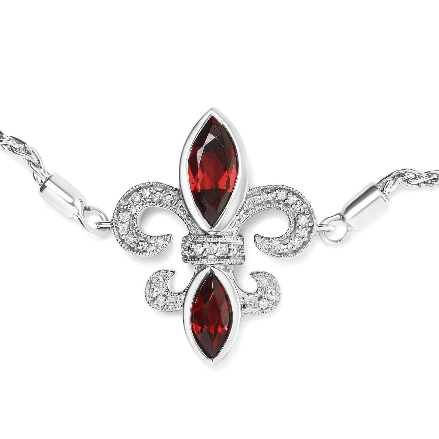 .925 Sterling Silver Marquise Garnet  and Diamond Accent Lariat 4”-10” Fleur De Lis Adjustable Bolo Bracelet (H-I Color, SI1-SI2 Clarity) WEM Support (www.WEM.support)