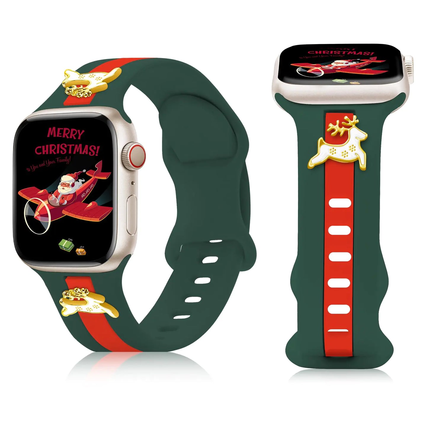 A silicone strap for Apple Watch Bands in gray and white, featuring gold honey bee charms on the clasp.