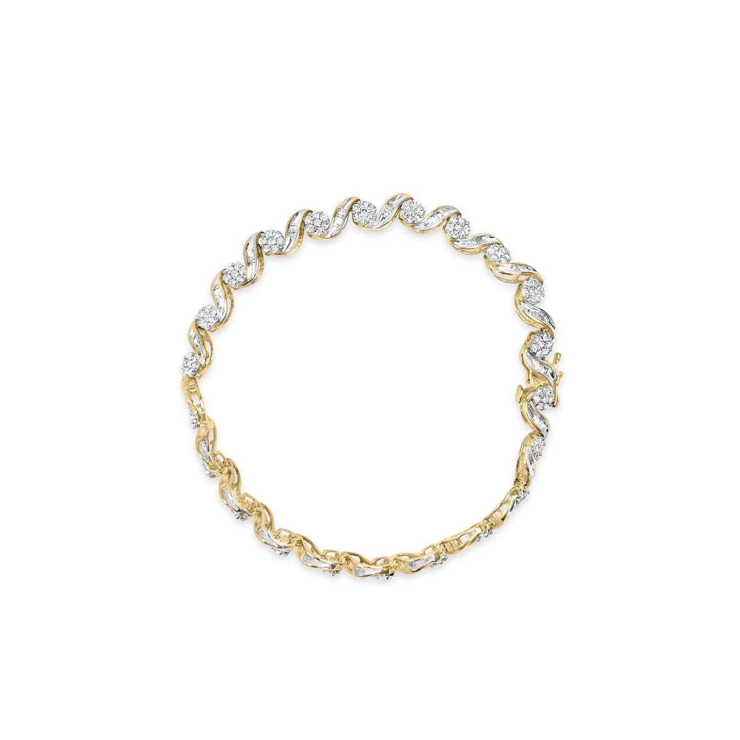 10K Yellow Gold 2.00 Cttw Round-Cut and Baguette-Cut Diamond Floral Design Swirl Link 7" Bracelet (I-J Color, I1-I2 Clarity) WEM Support (www.WEM.support)