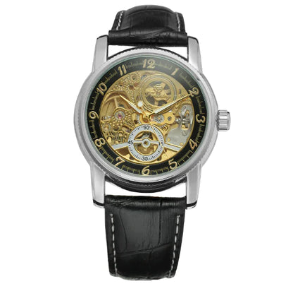 A skeleton mechanical watch with a black faux leather strap and a silver alloy case, featuring a transparent dial showcasing the automatic mechanical movement.