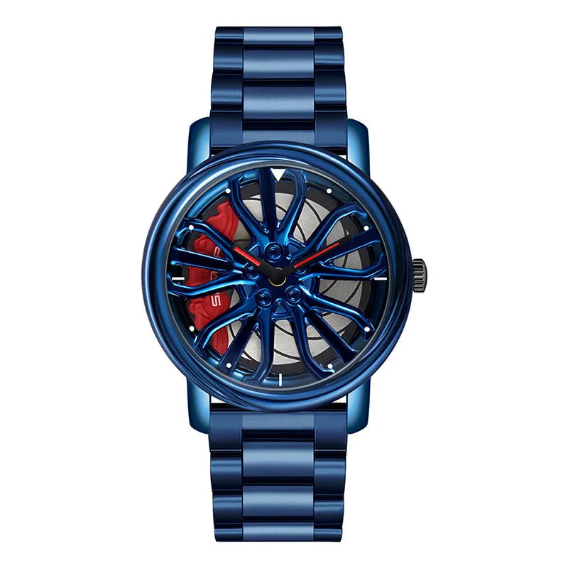A blue skeleton quartz watch with a metallic strap and a visible mechanical movement.