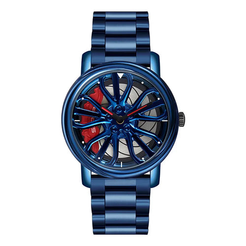 A blue skeleton quartz watch with a metallic strap and a visible mechanical movement.