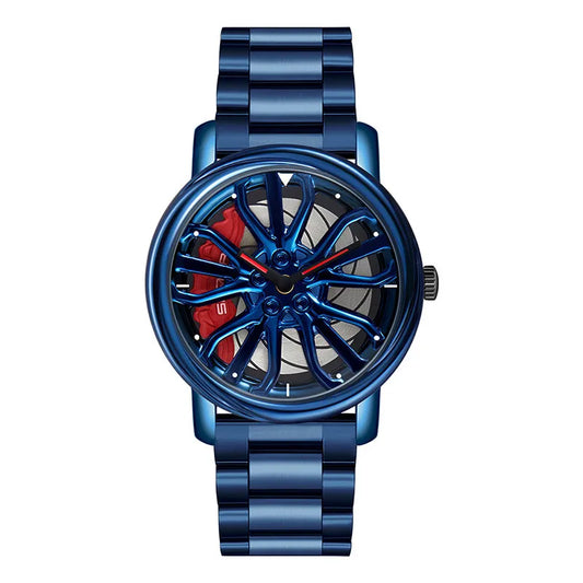 A blue skeleton quartz watch with a metallic strap and a visible mechanical movement.