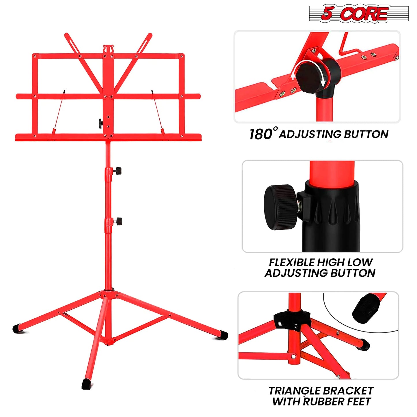 Suporte para Música 5Core para Partituras, Portátil, Tripé Ajustável e Dobrável com Porta-notas VERMELHO WEM Support (www.WEM.support)