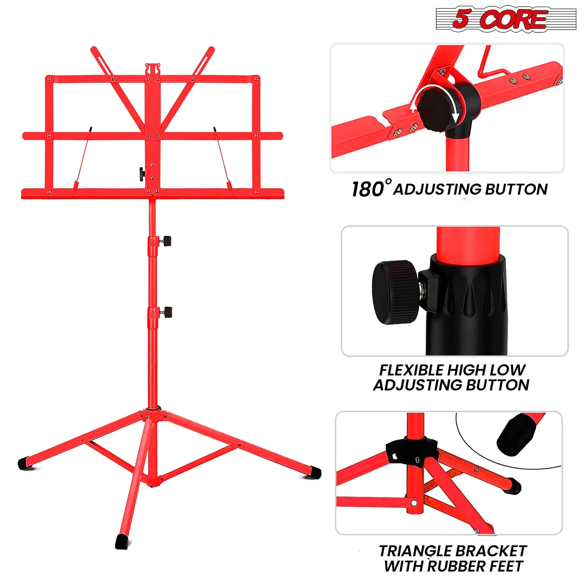 Suporte para Música 5Core para Partituras, Portátil, Tripé Ajustável e Dobrável com Porta-notas VERMELHO WEM Support (www.WEM.support)