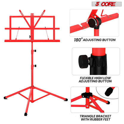 Suporte para Música 5Core para Partituras, Portátil, Tripé Ajustável e Dobrável com Porta-notas VERMELHO WEM Support (www.WEM.support)