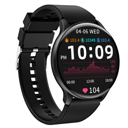 A pink smartwatch with a silicone wristband and a round screen displaying various health metrics.