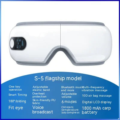 An image of a white Smart Eye Massager, S-5 flagship model, featuring a sleek design with a digital LCD display, Bluetooth connectivity, and various other functionalities such as adjustable band, voice broadcast, and 1800mAh battery.