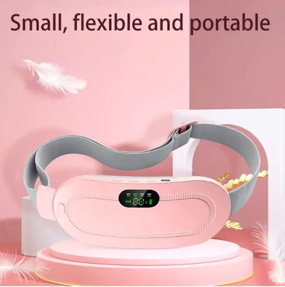 A pink and gray smart relief waist belt with adjustable settings, showcasing its small, flexible, and portable features.