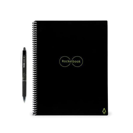 A black smart reusable notebook with a hard cover and a Pilot brand pen included, designed for writing and note-taking with a focus on eco-friendliness and cloud integration.