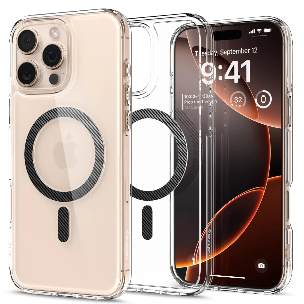 A clear TPU case for iPhone 16 Pro with a carbon fiber pattern on the back. It includes a circular MagSafe compatible interface for wireless charging.