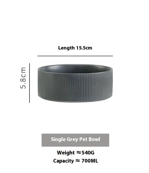 A gray ceramic pet bowl placed on a white background, with dimensions provided in the image.