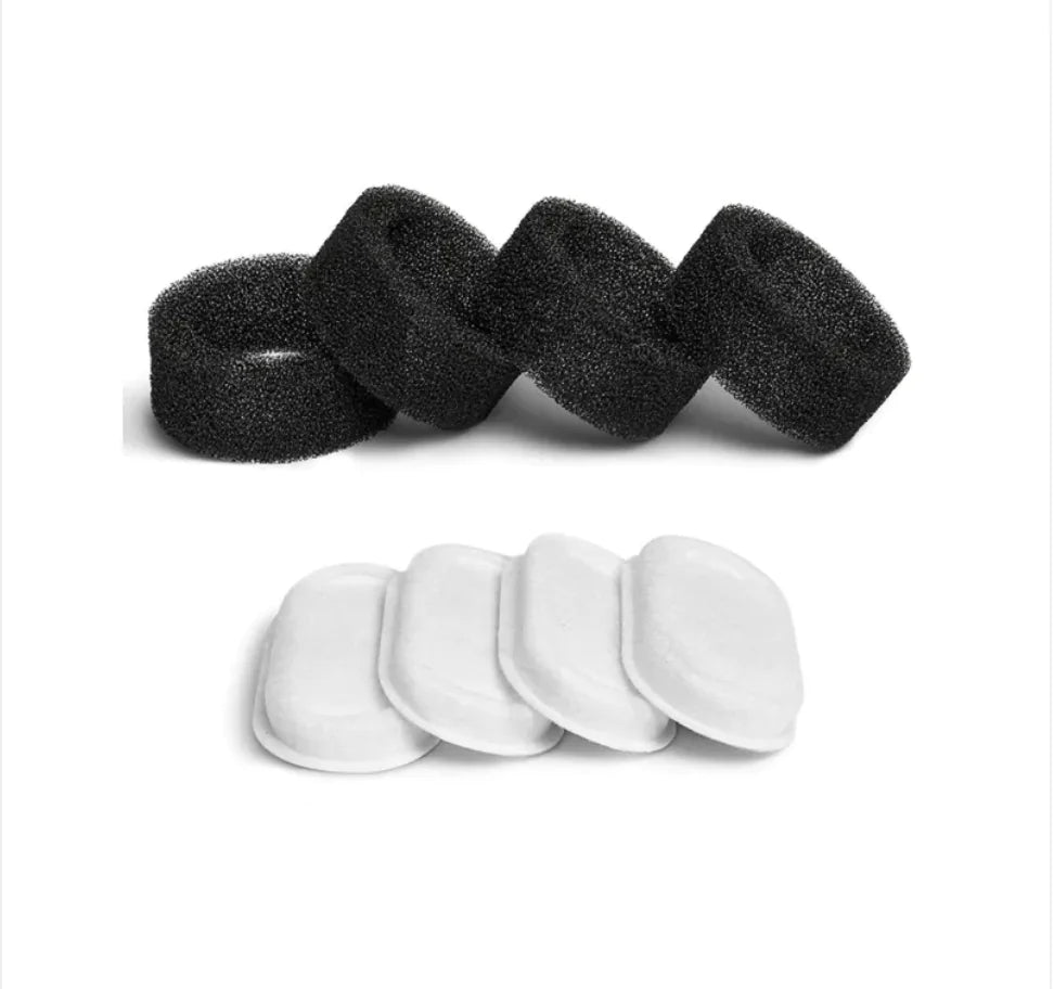 Two types of pet water dispenser filters, an oval white filter and a black circular ring filter, with dimensions labeled for product size.