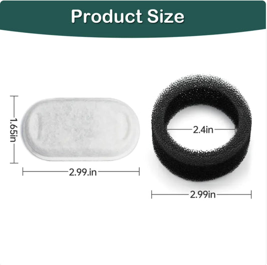 Two types of pet water dispenser filters, an oval white filter and a black circular ring filter, with dimensions labeled for product size.