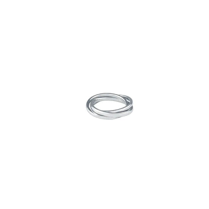 A three-ring interlocking ring made from titanium steel, displayed against a white background.
