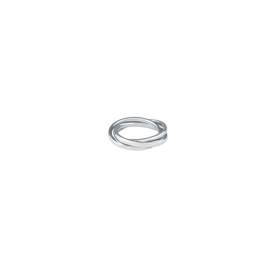 A three-ring interlocking ring made from titanium steel, displayed against a white background.