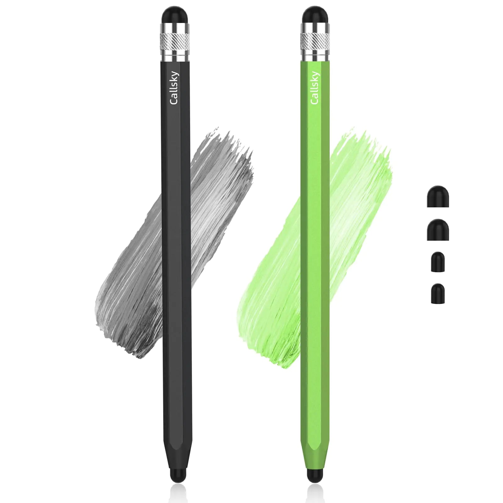 Two stylus pens, one black and one green, with metal hexagonal barrels and attached replacement tips.