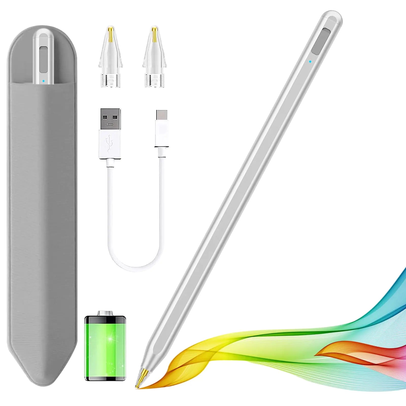 A white stylus pen compatible with various iPad models, displayed alongside its packaging which includes a USB charging cable and a protective case. Also shown is a detachable battery.