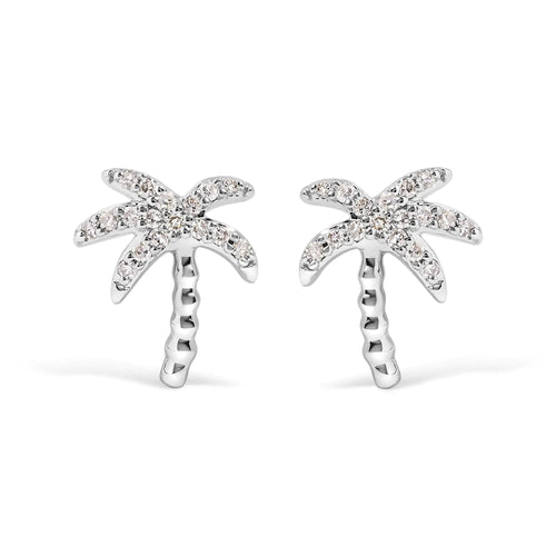 10K White Gold 1/10 Cttw Diamond  Encrusted Palm Tree Stud Earrings (H-I Color, I1-I2 Clarity) WEM Support (www.WEM.support)