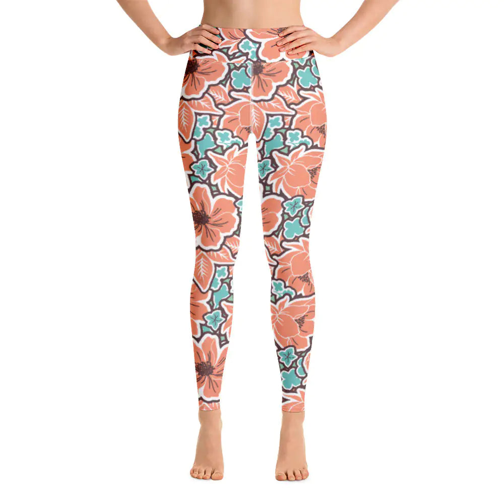 Women's Tropical Red Floral Yoga Leggings WEM Support (www.WEM.support)