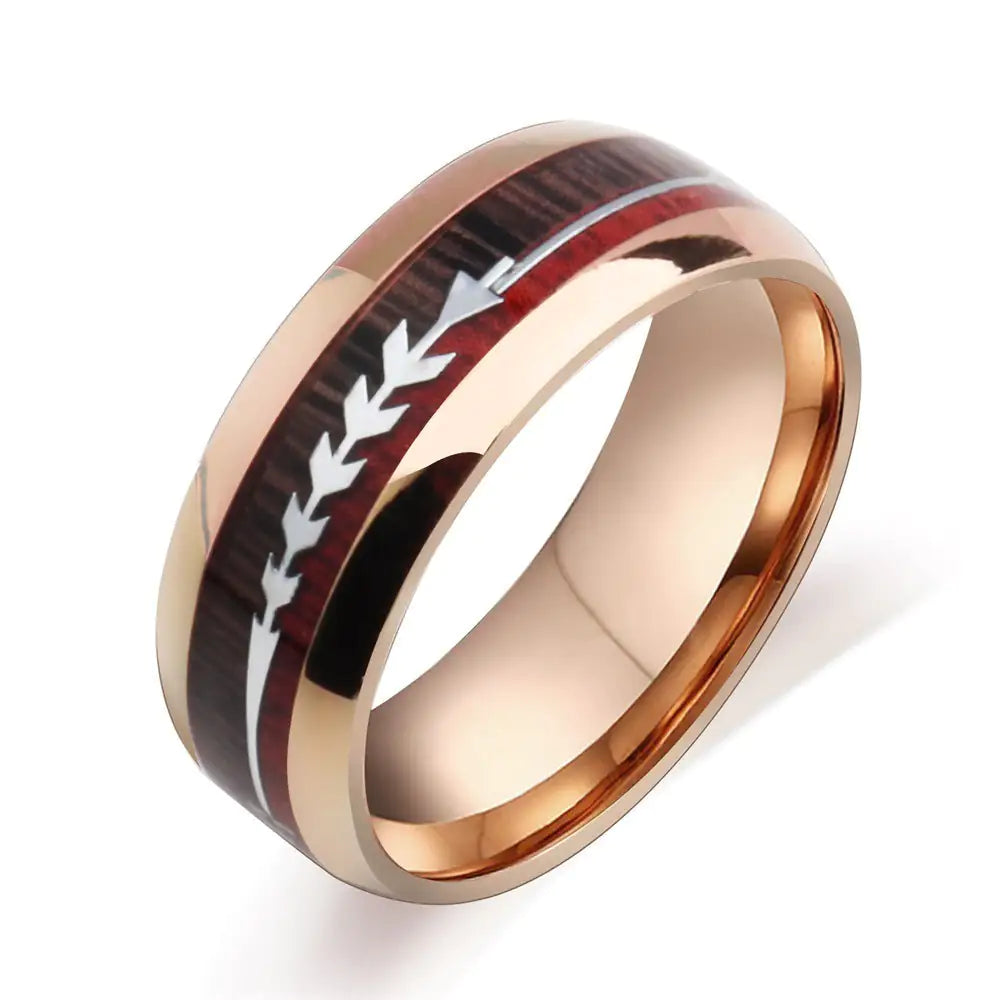 Stainless Steel Wood Grain Arrow Inlaid Ring WEM Support (www.WEM.support)