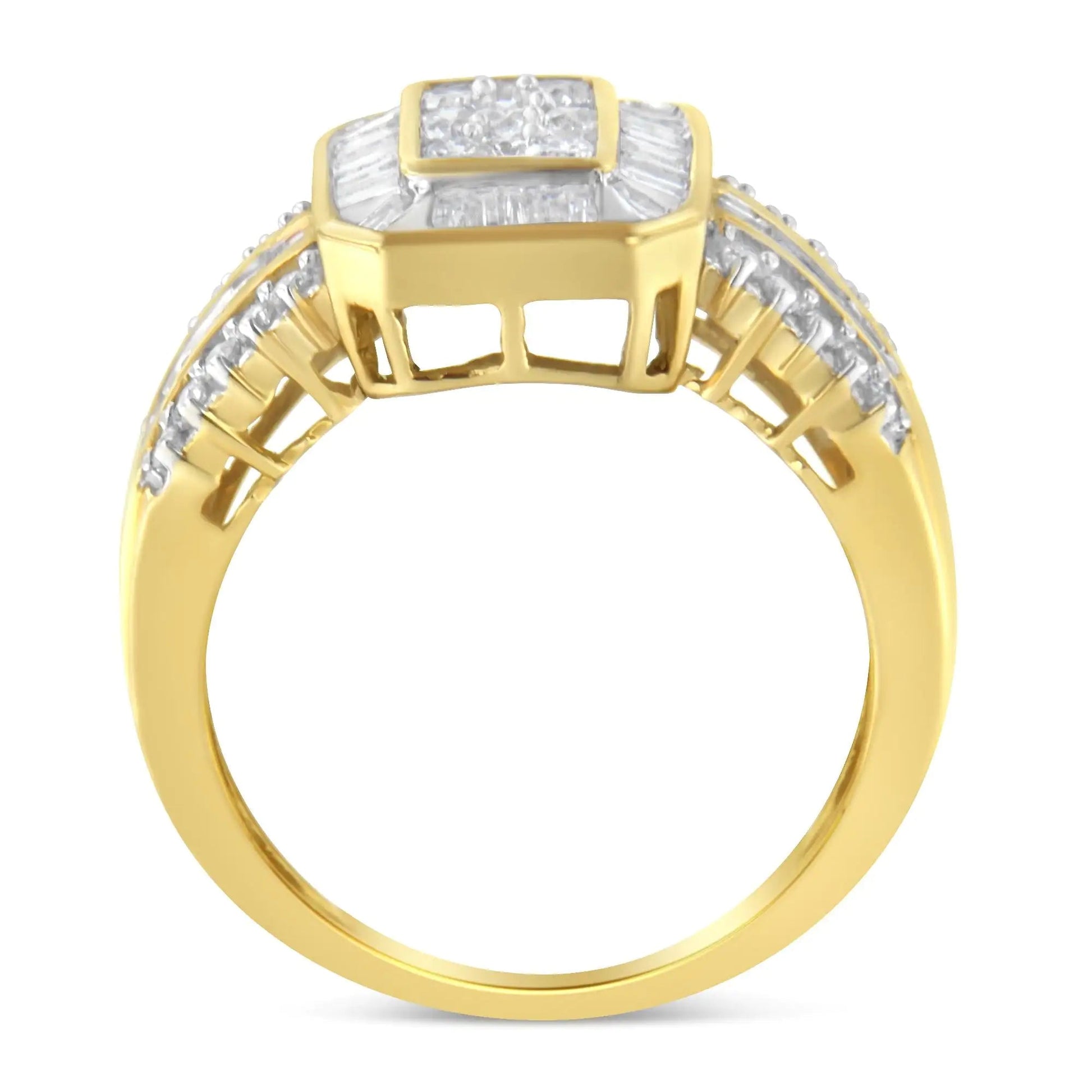 10K Yellow Gold Round and Baguette-Cut Diamond Cocktail Ring (1.0 Cttw, H-I Color, SI2-I1 Clarity) WEM Support (www.WEM.support)