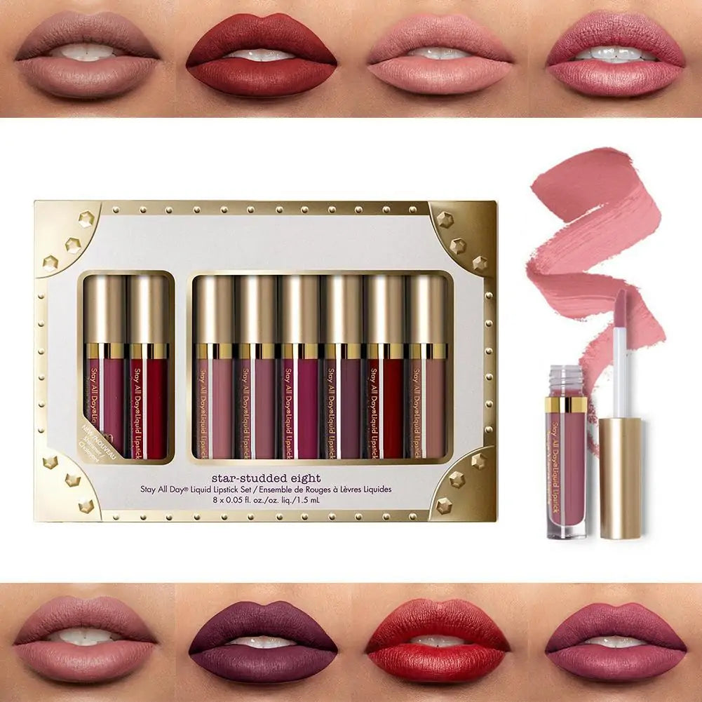 8 Pieces Professional Lip Glaze Gloss Waterproof Makeup Matte Non-sticky Lipstick WEM Support (www.WEM.support)