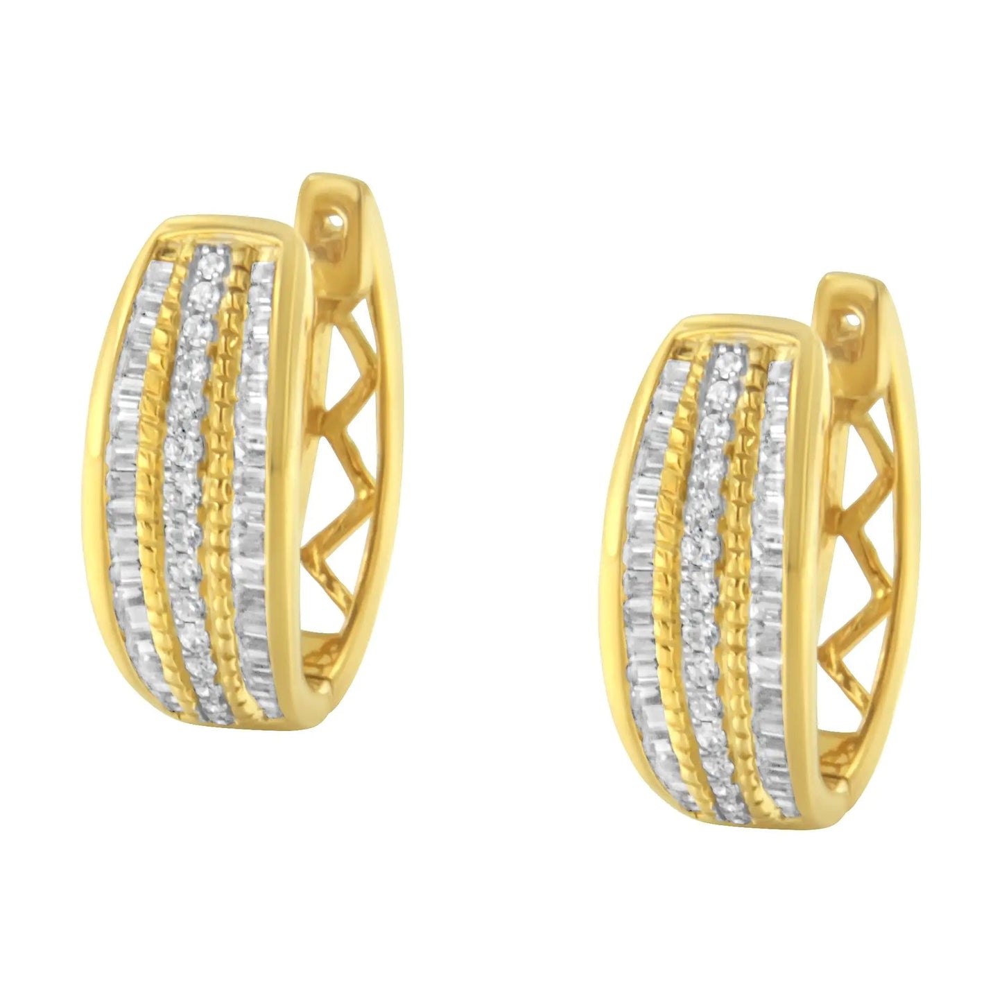 10K Yellow Gold 3/4 Cttw Pave and Channel Set Diamond Triple Row Modern Hoop Earrings (I-J Color, I2-I3 Clarity) WEM Support (www.WEM.support)