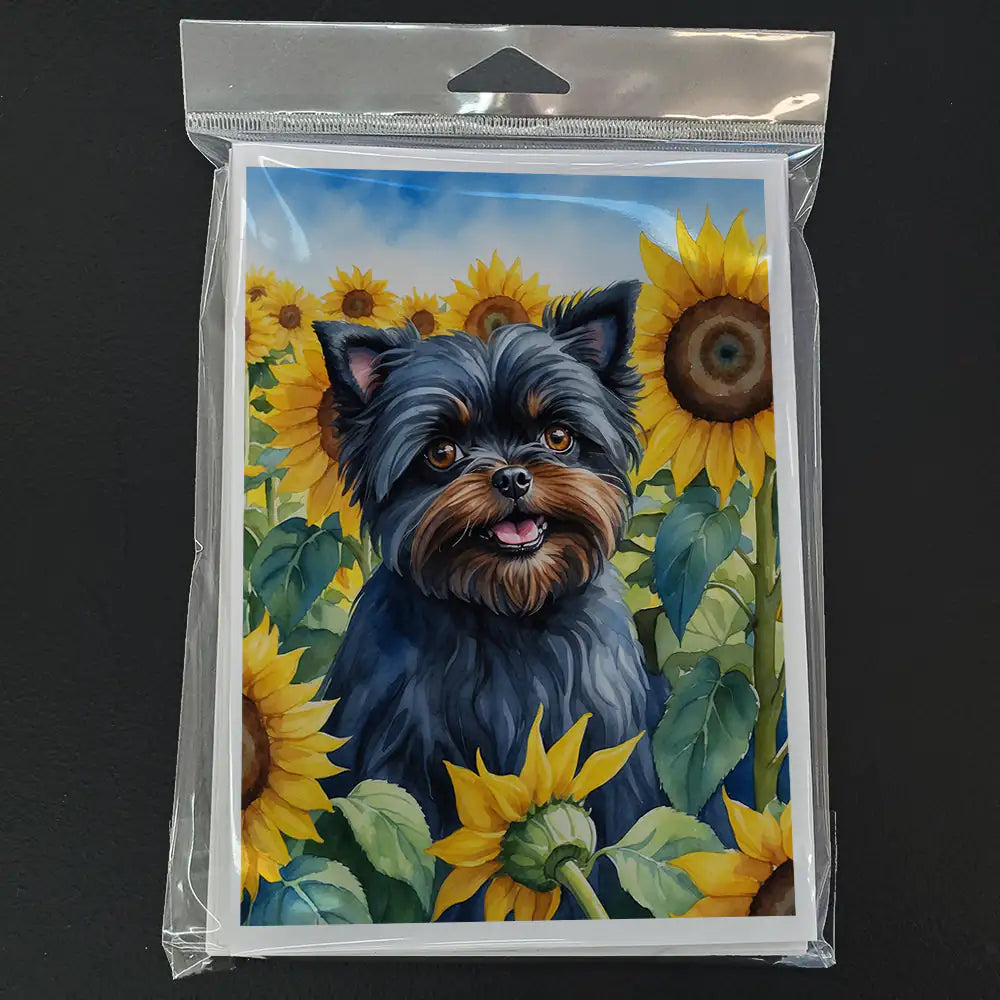 Affenpinscher in Sunflowers Greeting Cards Pack of 8 WEM Support (www.WEM.support)