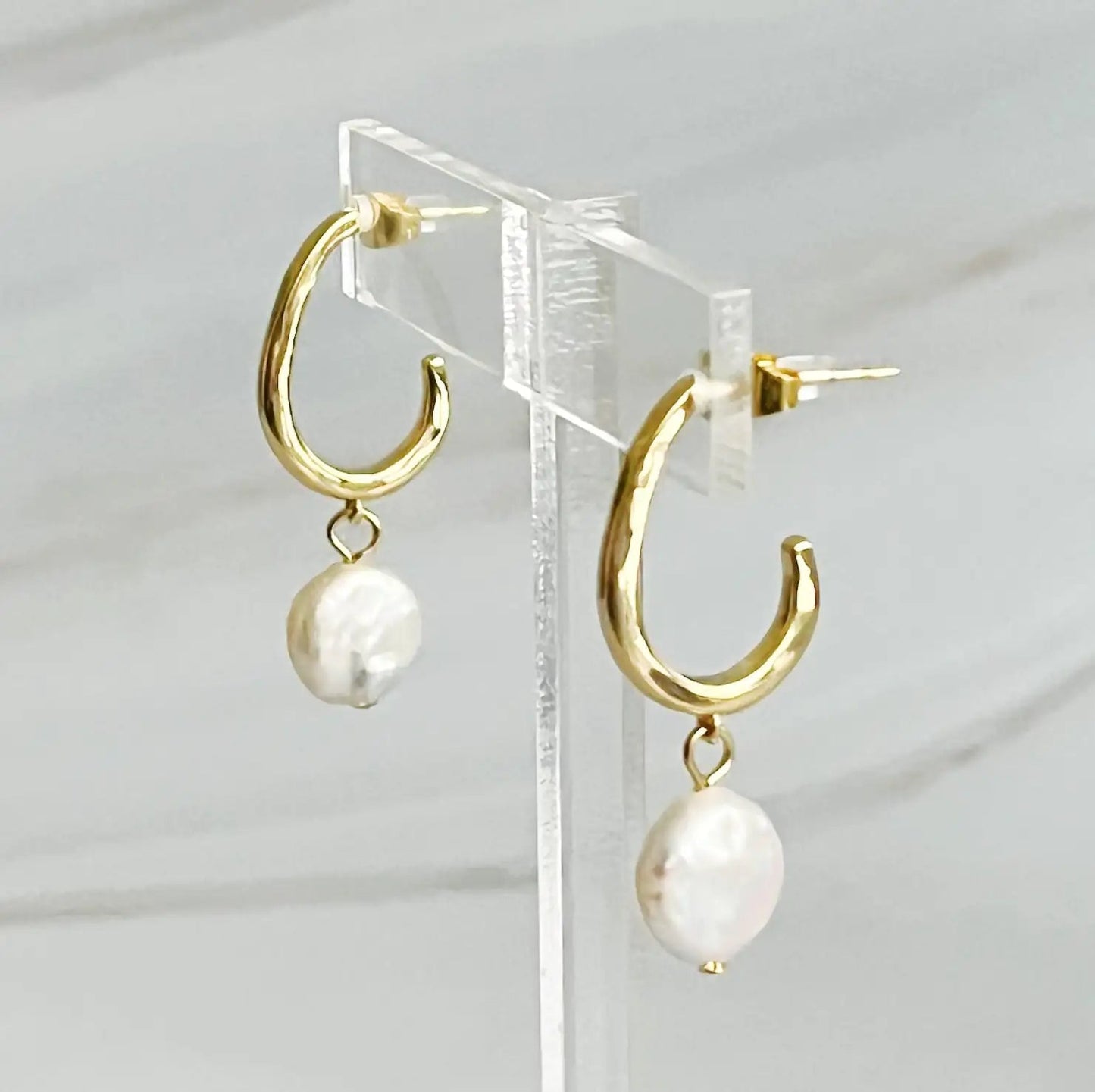 Dangle Pearl Gold Hoop Earrings WEM Support (www.WEM.support)