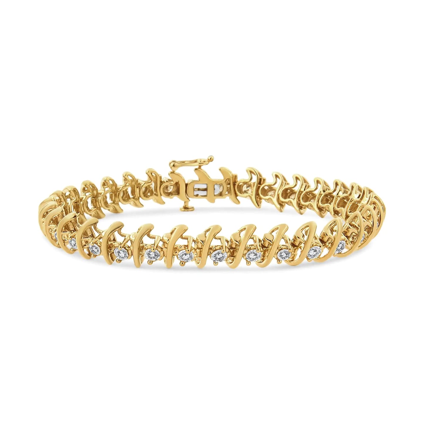 10K Yellow Gold Plated .925 Sterling Silver 3.00 Cttw Prong-Set Brilliant Round-cut Diamond "S" Link Bracelet (J-K Color, I2-I3 Clarity) - Size 7.5 WEM Support (www.WEM.support)